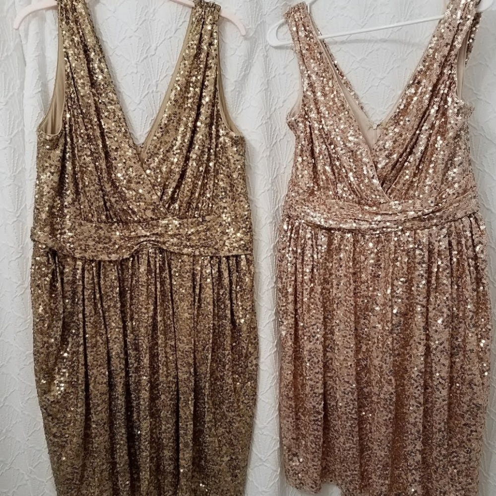 2 Badgley Mischka sequin dresses.